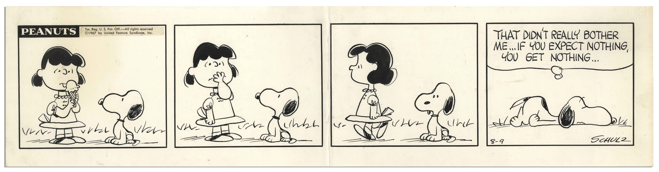 Charles Schulz Original Hand-Drawn ''Peanuts'' Comic Strip -- Snoopy Is Sad That He Doesn't Get Any Ice Cream